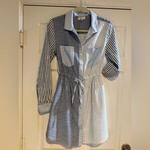 Jopna Blue and White Striped Button-Front Shirt Dress size medium 100% cotton
